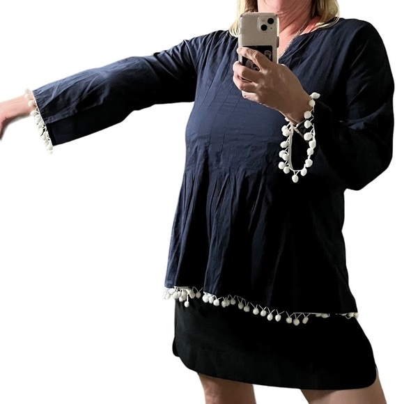 Madison Mathews Navy Blue Tunic White PomPom Trim XL - Picture 4 of 6